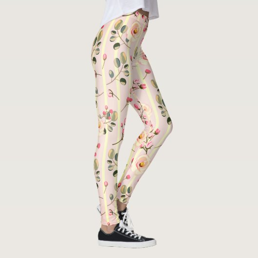Soft Pink Floral Stripe Pattern レギンス (右)