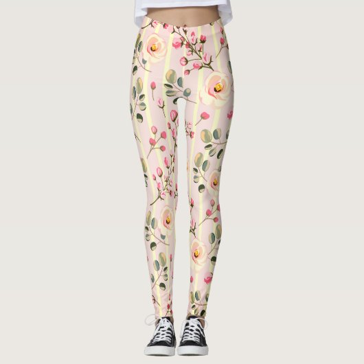 Soft Pink Floral Stripe Pattern レギンス (正面)
