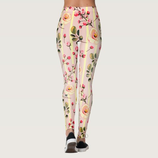 Soft Pink Floral Stripe Pattern レギンス (裏面)