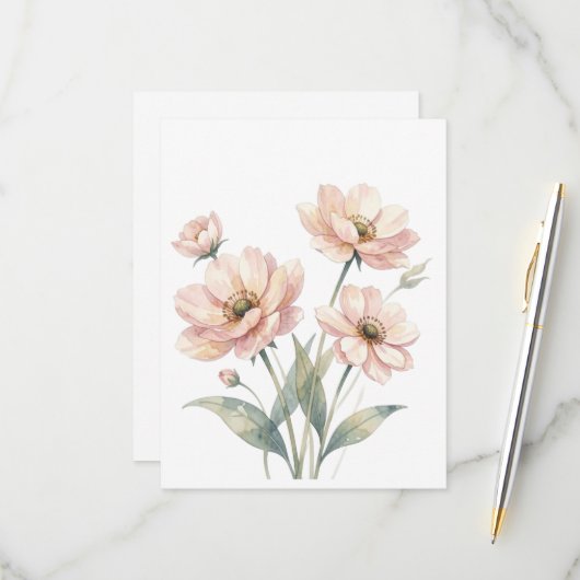 Soft Pink Floral Watercolor Bouquet Art 出欠カード (正面/裏面インサイチュ)