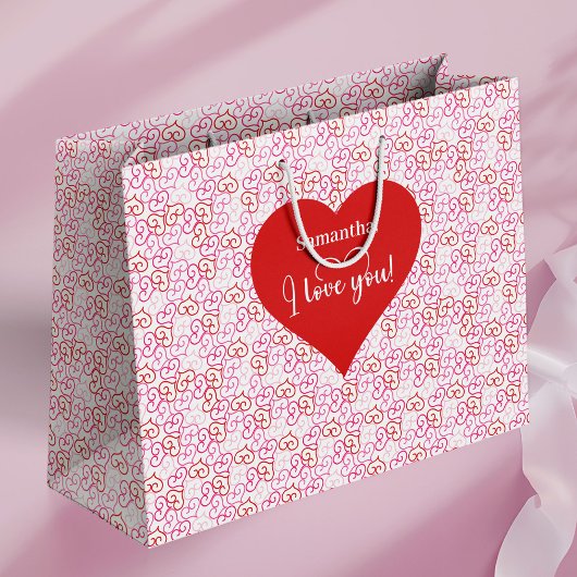 Soft Pink Hearts I Love You Personalized Valentine ラージペーパーバッグ
