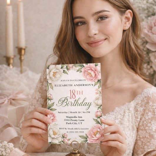 Soft Pink Magnolia and Peony 18th Birthday 招待状