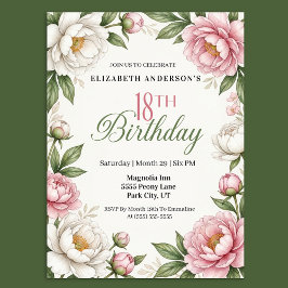 Soft Pink Magnolia and Peony 18th Birthday  招待状