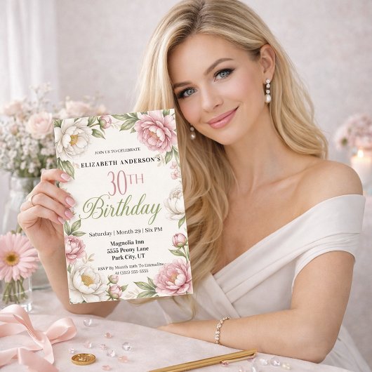 Soft Pink Magnolia and Peony 30th Birthday  招待状