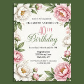 Soft Pink Magnolia and Peony 40th Birthday  招待状