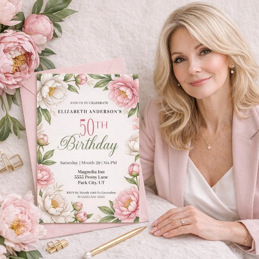 Soft Pink Magnolia and Peony 50th Birthday  招待状