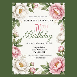 Soft Pink Magnolia and Peony 70th Birthday 招待状