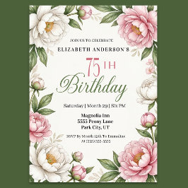 Soft Pink Magnolia and Peony 75th Birthday  招待状