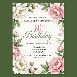 Soft Pink Magnolia and Peony 80th Birthday  招待状