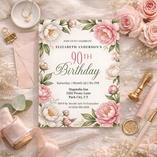 Soft Pink Magnolia and Peony 90th Birthday  招待状