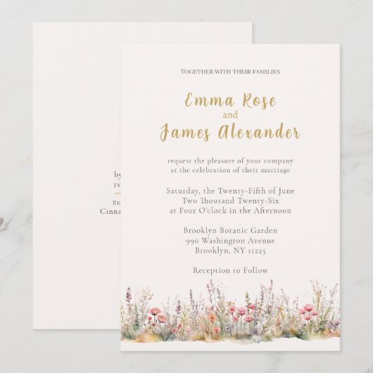 Soft Pink Minimalist Floral Wedding Invitation 招待状 (正面/裏面)