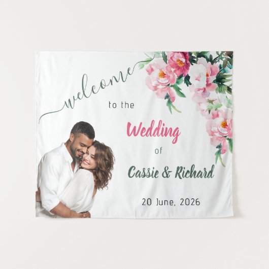 Soft Pink Peony & Eucalyptus Floral Wedding Banner タペストリー (正面(横))