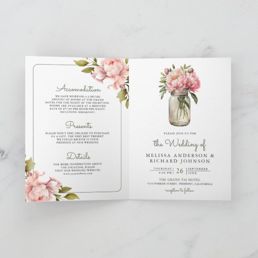 Soft Pink Peony Flowers Mason Jar QR Code Wedding 招待状 (内部)