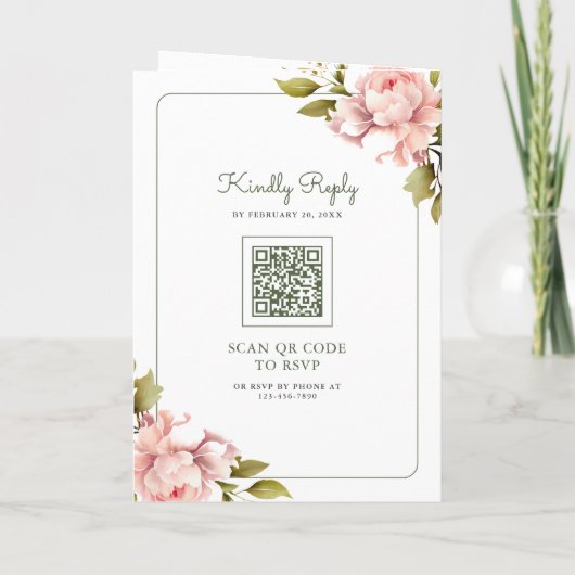 Soft Pink Peony Flowers Mason Jar QR Code Wedding 招待状 (裏面)