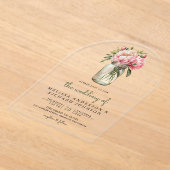 Soft Pink Peony Flowers Mason Jar Wedding アクリル招待状 (レイダウン)
