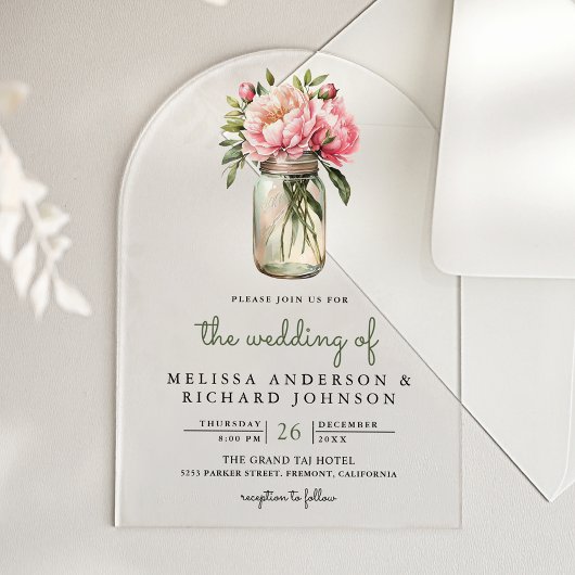Soft Pink Peony Flowers Mason Jar Wedding アクリル招待状