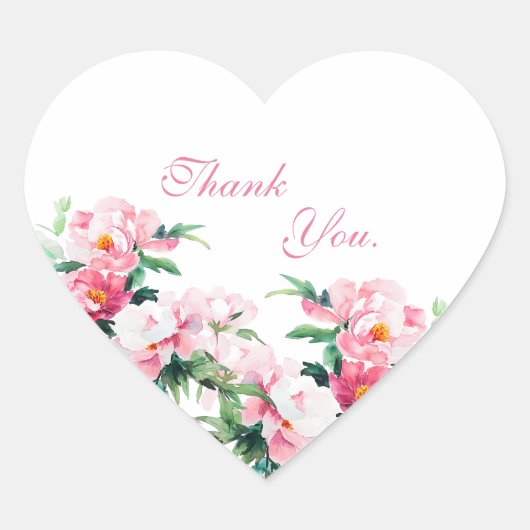 Soft Pink Peony Watercolor Floral Wedding ハートシール (正面)