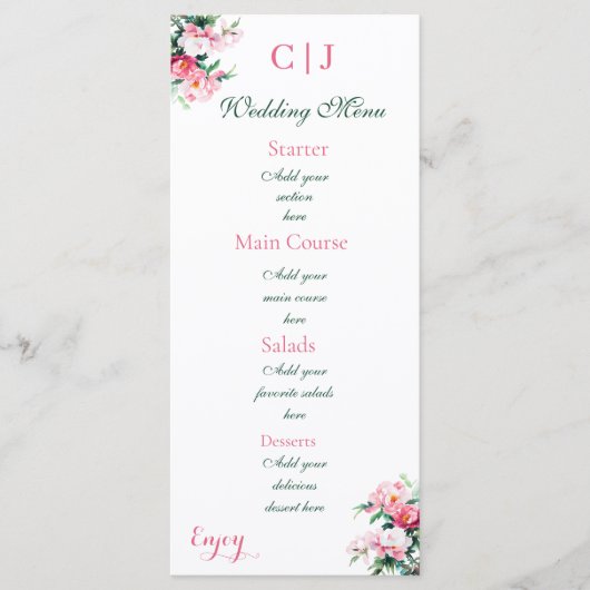 Soft Pink Peony Watercolor Floral Wedding メニュー (正面)