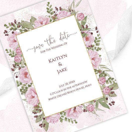 Soft Pink Peony Wedding Save the Date Card セーブザデート