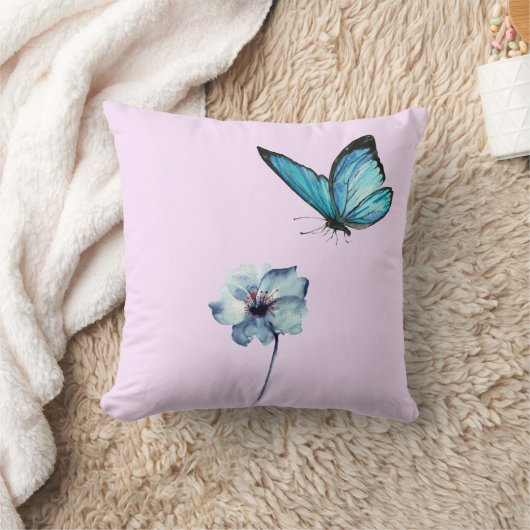 Soft Pink Pillow with Blue Flower and Butterfly クッション (ブランケット)
