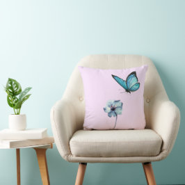 Soft Pink Pillow with Blue Flower and Butterfly クッション