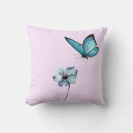 Soft Pink Pillow with Blue Flower and Butterfly クッション