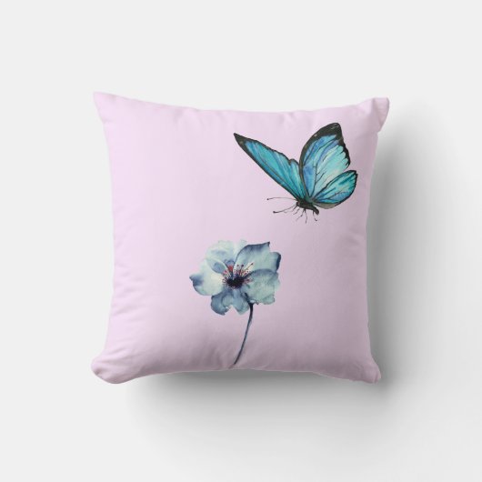 Soft Pink Pillow with Blue Flower and Butterfly クッション (正面)