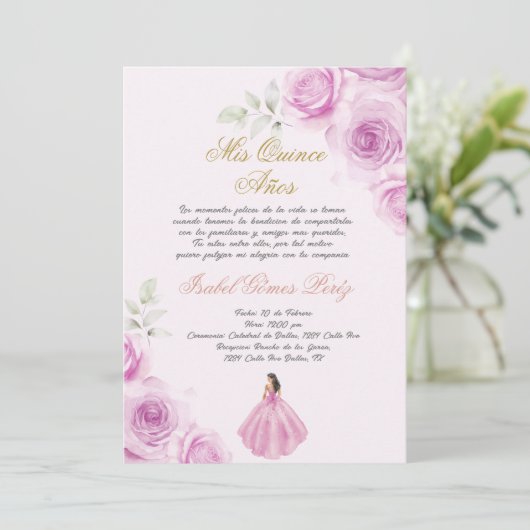 Soft pink Quinceanera Spanish 招待状 (スタンド正面)