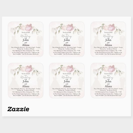 Soft Pink Roses & Bride and Groom Collection スクエアシール (シート)
