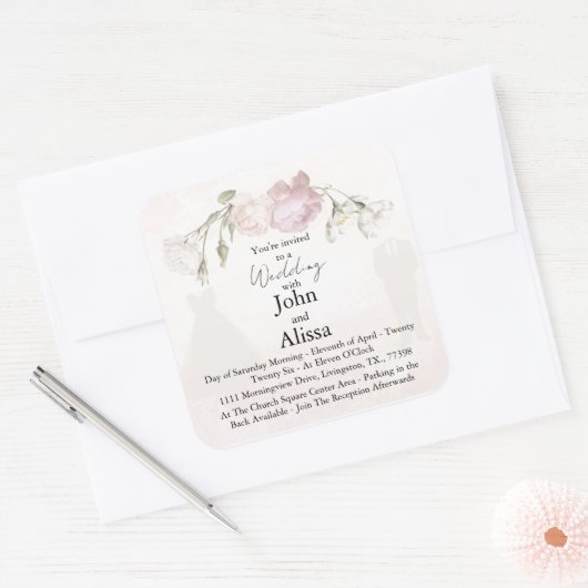 Soft Pink Roses & Bride and Groom Collection スクエアシール (封筒)