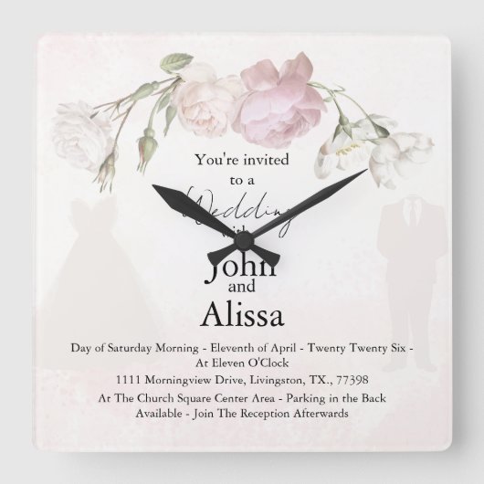 Soft Pink Roses & Bride and Groom Collection スクエア壁時計 (正面)