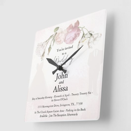 Soft Pink Roses & Bride and Groom Collection スクエア壁時計 (傾斜)
