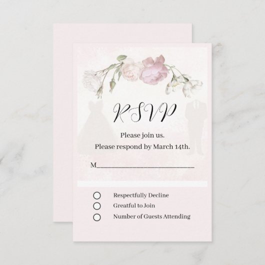 Soft Pink Roses & Bride and Groom Collection 出欠カード (正面/裏面)