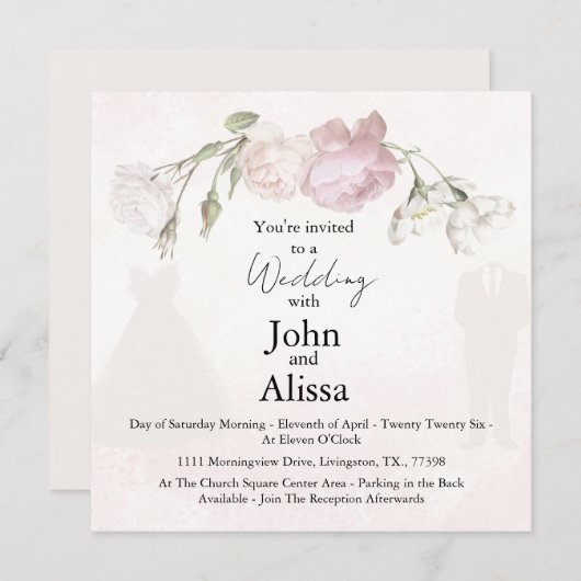 Soft Pink Roses & Bride and Groom Collection 案内状 (正面/裏面)