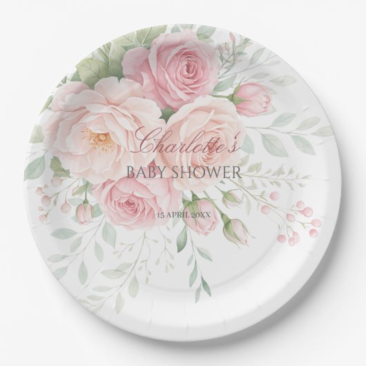 soft pink roses floral paper plates ペーパープレート (正面)
