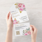 Soft Pink Roses Floral QR Code Wedding オールインワン招待状 (貼ってはがせる)