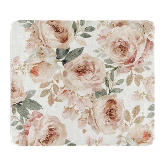 Soft Pink Roses Watercolor Floral Print Botanical カッティングボード (正面)