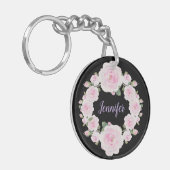 Soft Pink Roses Wreath Name Round Acrylic Keychain キーホルダー (正面左)