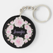 Soft Pink Roses Wreath Name Round Acrylic Keychain キーホルダー (裏面)