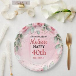 Soft Pink & Sage Green Roses Any Year Birthday ペーパープレート