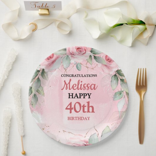 Soft Pink & Sage Green Roses Any Year Birthday ペーパープレート (ウェディング)