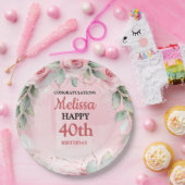 Soft Pink & Sage Green Roses Any Year Birthday ペーパープレート (パーティー)