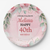 Soft Pink & Sage Green Roses Any Year Birthday ペーパープレート (正面)