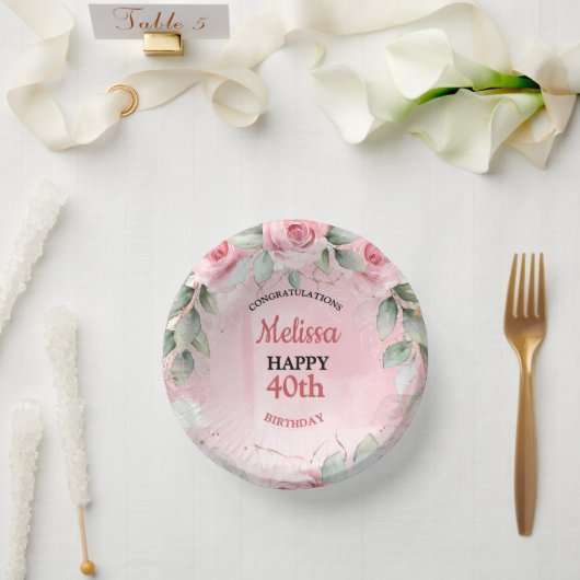 Soft Pink & Sage Green Roses Any Year Birthday ペーパーボウル (ウェディング)