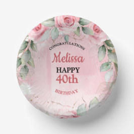 Soft Pink & Sage Green Roses Any Year Birthday ペーパーボウル