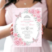 Soft Pink Silver Quinceañera Rose Flower Butterfly 招待状