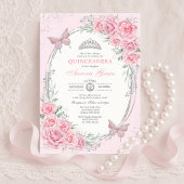 Soft Pink Silver Quinceañera Rose Flower Butterfly 招待状
