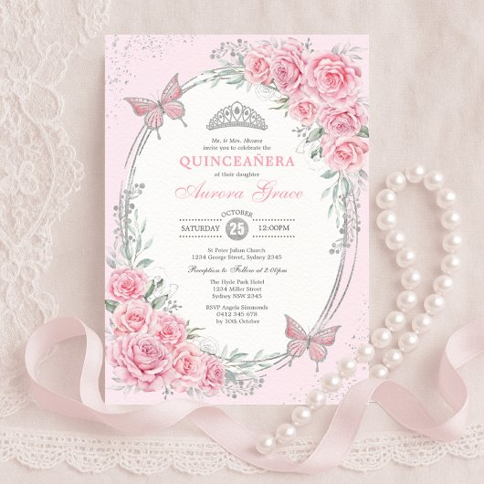 Soft Pink Silver Quinceañera Rose Flower Butterfly 招待状