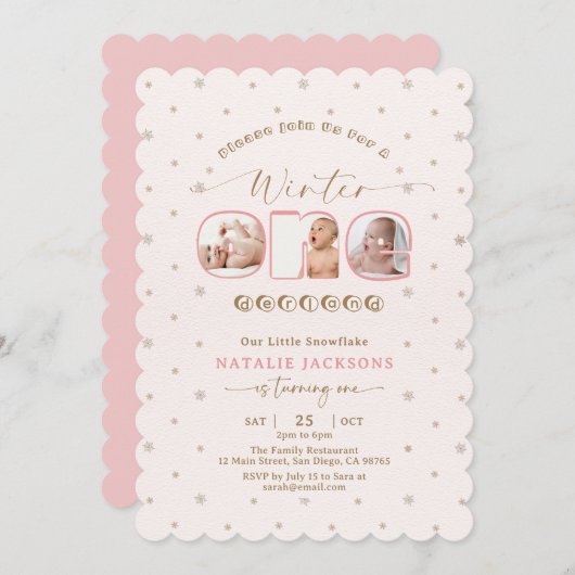 Soft Pink Snowflake Winter Onederland 1st Birthday 招待状 (正面/裏面)
