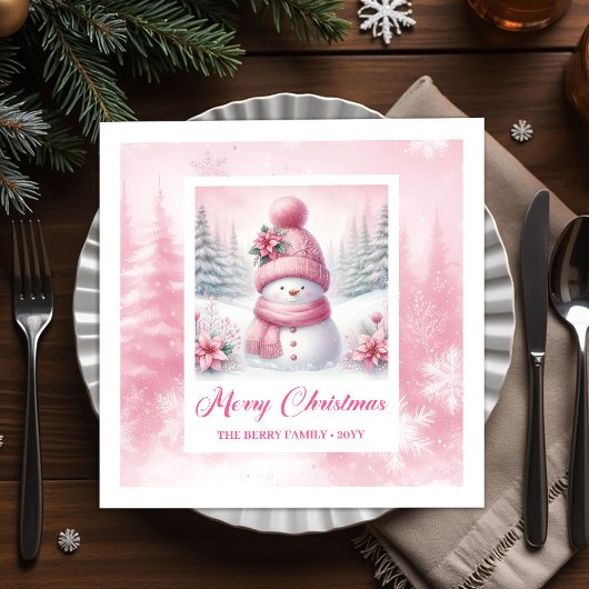 Soft Pink Snowman Winter Scene Christmas Napkins  スタンダードカクテルナプキン